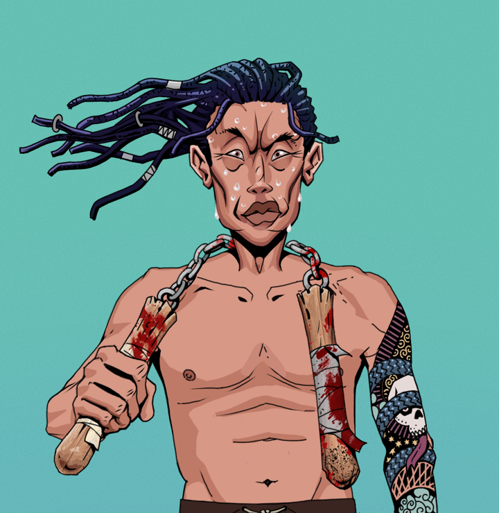 Stresshead Rin — Degen Dojo NFT art (Shirtless Runt, Teal Daytime, Degens, Skull Sleeve, Stresshead Rin, Flowing Dreads, Bloody Nunchucks, Mint)