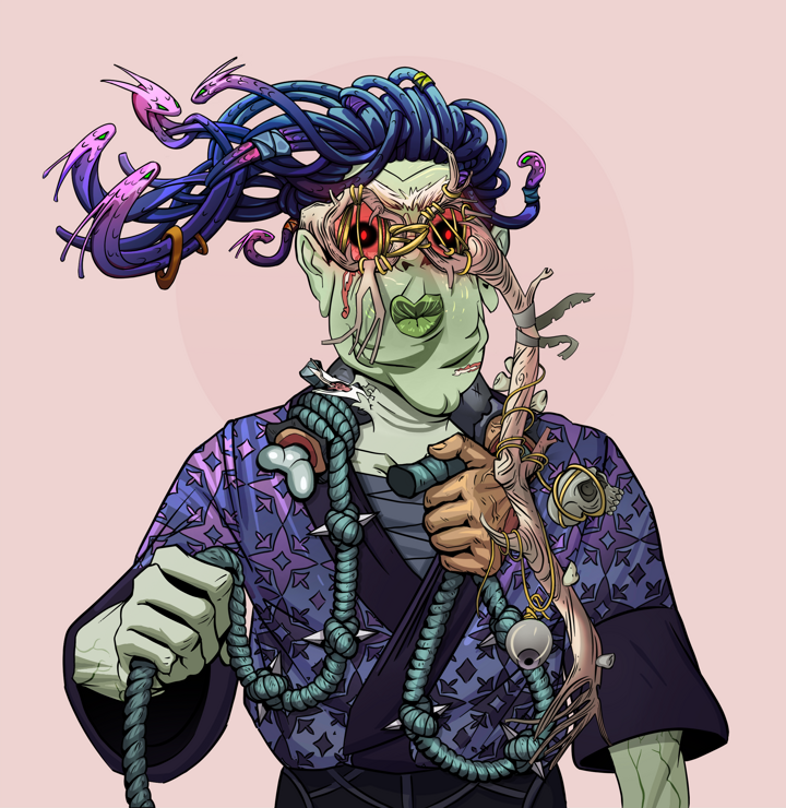 Fat Bob — Degen Dojo NFT art (Shirtless Runt, Red High Moon, Demons, Loose Parasol Kimono, Fat Bob, Telescopic Glasses, Flowing Dreads, Noose, Mint)