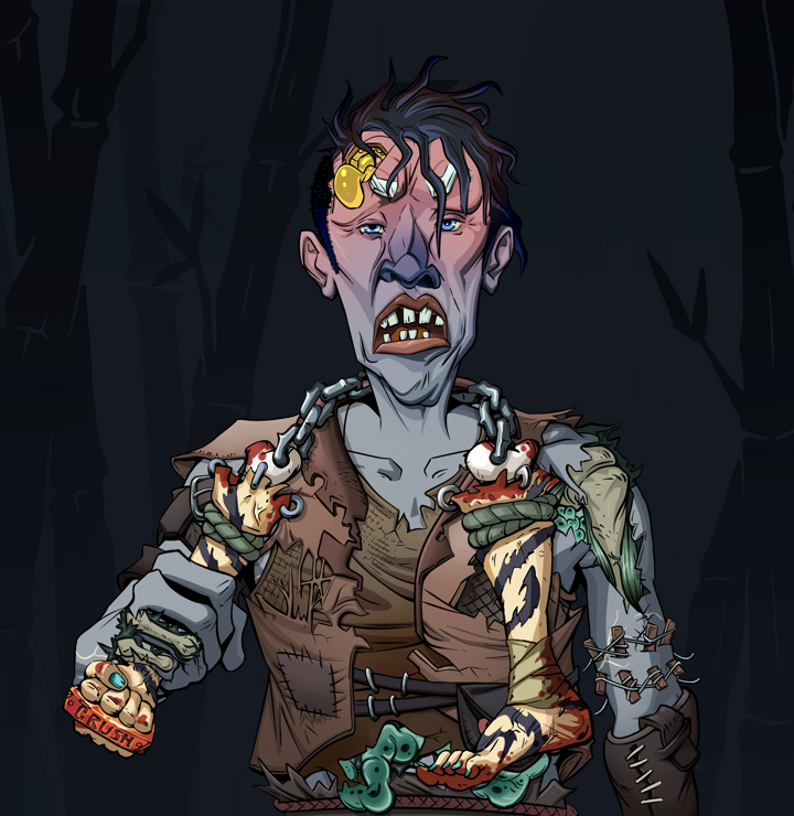 Goro — Degen Dojo NFT art (Shirtless Runt, Night Forest, Demons, Yellow Flowers Silk Kimono, Goro, Short Spiky Dark, Bloody Nunchucks, Mint)