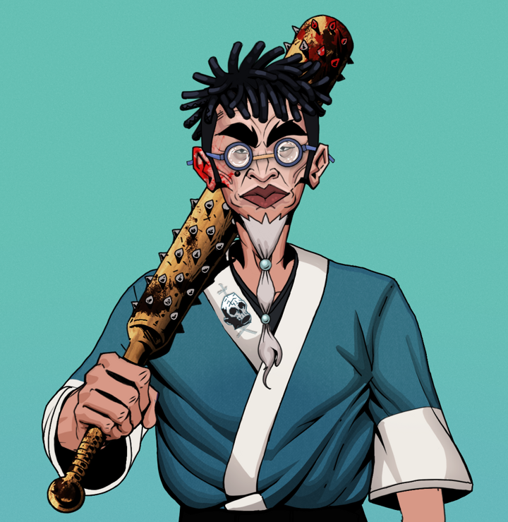 Yuji The Wise — Degen Dojo NFT art (Shirtless Runt, Teal Daytime, Degens, Skull Kimono, Yuji The Wise, Spectacles, Black Bantu Knots, Yakuza Club, Mint)