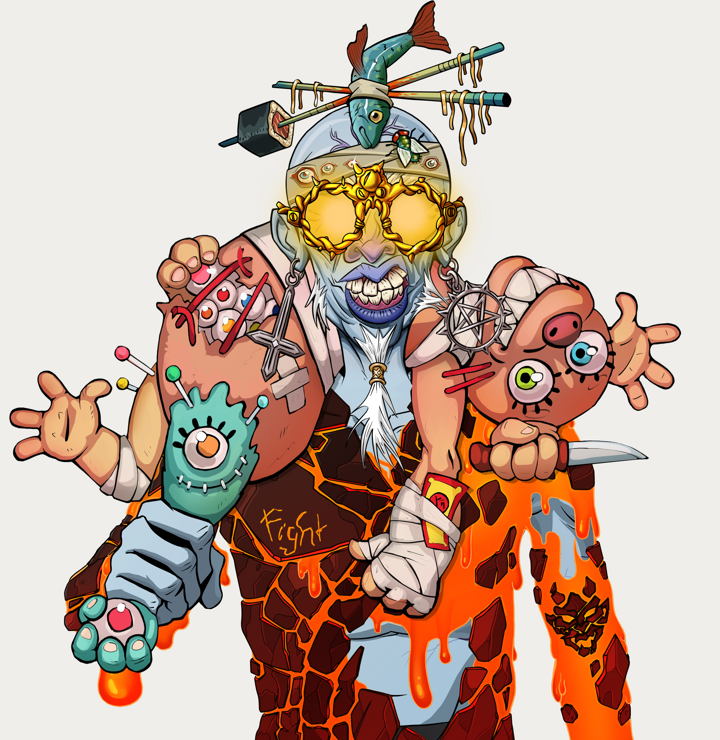 Yuji The Wise — Degen Dojo NFT art (Jesuit Crosses, Warm Grey, Demons, Red Oni Kimono, Yuji The Wise, Golden Glasses, Hair Bun With Chopsticks, Teddy Bear, Mint)
