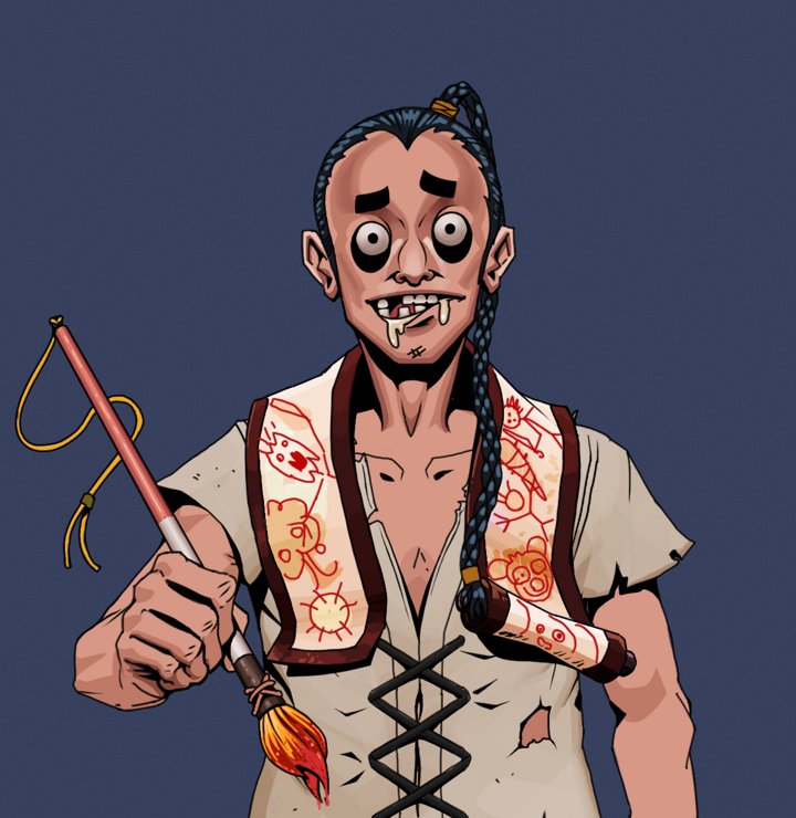 Drooling Azuma — Degen Dojo NFT art (Shirtless Runt, Blue Evening, Degens, Rice Sack Rags, Drooling Azuma, Braided Samurai Ponytail, Paintbrush, Mint)