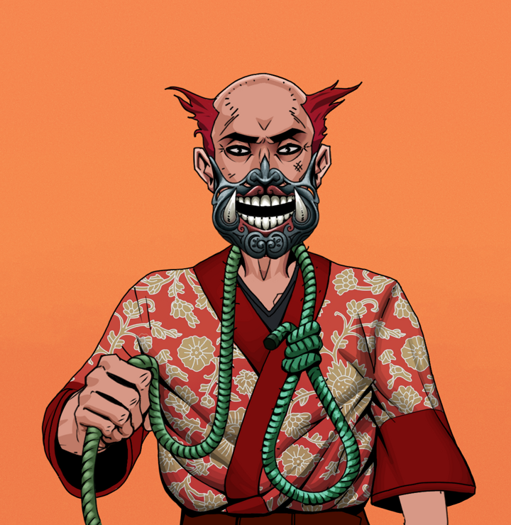 Junichiro Reborn — Degen Dojo NFT art (Shirtless Runt, Orange Afternoon, Degens, Silken Sunflower Kimono, Junichiro Reborn, Hannya Half Mask, Red Heihachi, Noose, Mint)
