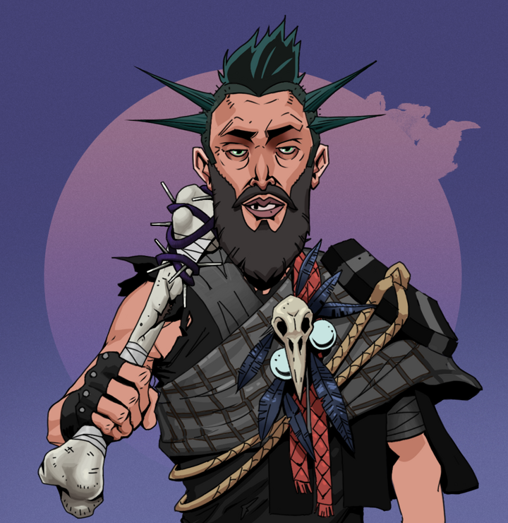 Serious Oleg — Degen Dojo NFT art (Shirtless Runt, Purple Night, Degens, Bird Shaman, Serious Oleg, Yakuza Ruffian, Spiky Femur, Mint)