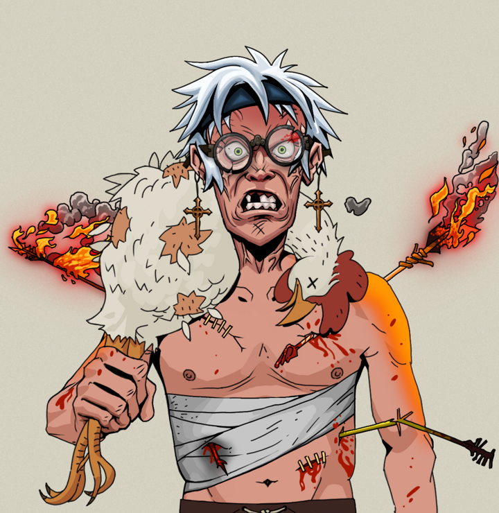 Angry Ikari — Degen Dojo NFT art (Jesuit Crosses, Warm Grey, Degens, Bloody Mess, Angry Ikari, Bloodied Glasses, White Ruffian, Chicken, Mint)