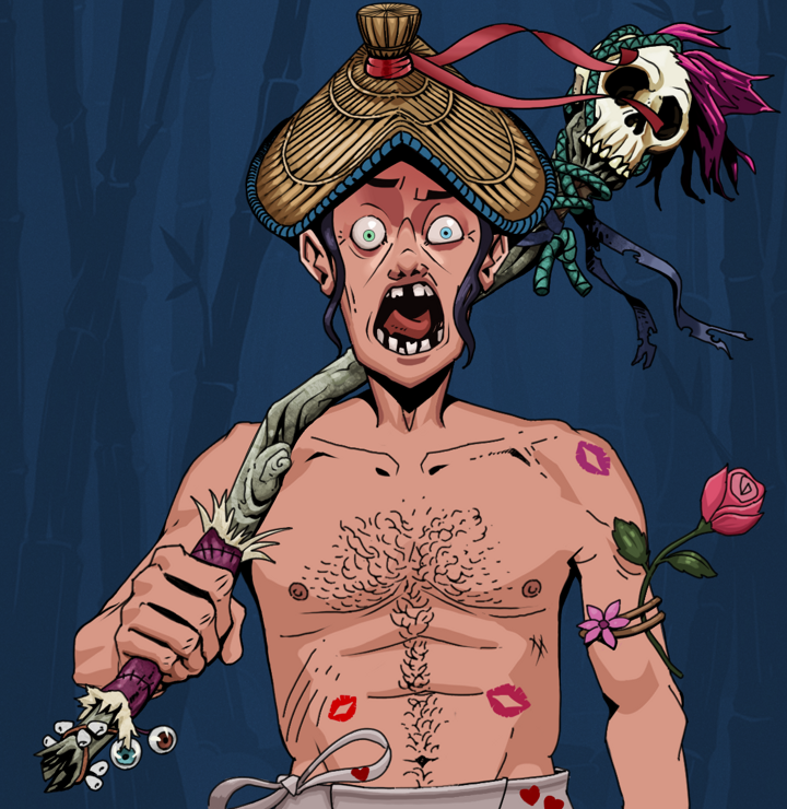 Tokuda — Degen Dojo NFT art (Shirtless Runt, Night Forest, Degens, Womanizer, Tokuda, High Straw Rice Hat, Shaman Skull Staff, Mint)