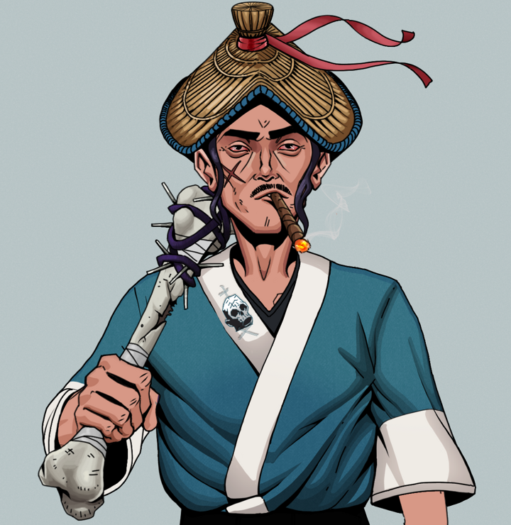 Raikou The Stoner — Degen Dojo NFT art (Shirtless Runt, Light Grey, Degens, Skull Kimono, Raikou The Stoner, High Straw Rice Hat, Spiky Femur, Mint)