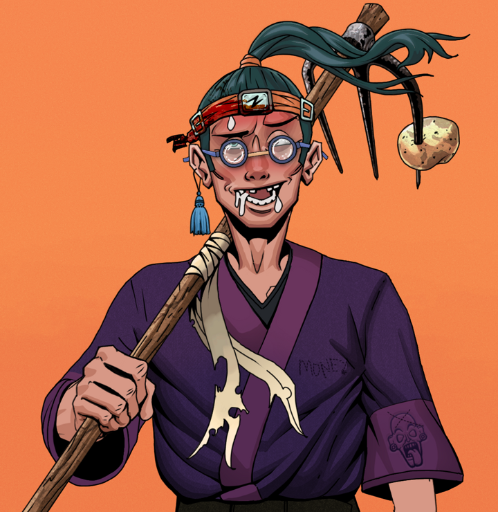 Yuuki — Degen Dojo NFT art (Tassel, Orange Afternoon, Degens, Money Kimono, Yuuki, Spectacles, Green Bandana, Farmers Hoe, Mint)