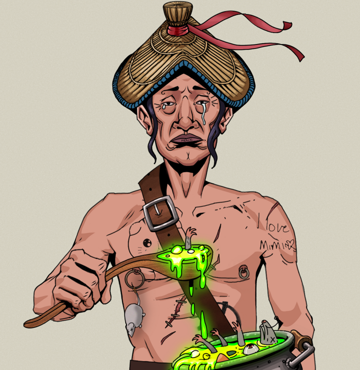 Teary Goro — Degen Dojo NFT art (Shirtless Runt, Warm Grey, Degens, Recovering Alcoholic, Teary Goro, High Straw Rice Hat, Shaman Soup, Mint)