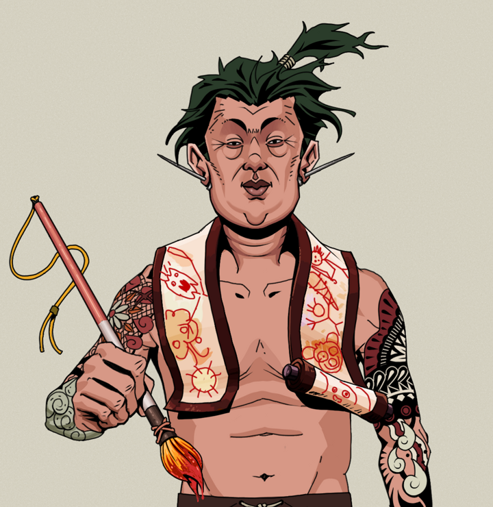 Fat Bob — Degen Dojo NFT art (Nails, Warm Grey, Degens, Yakuza Tattoo Sleeves, Fat Bob, Shirtless Runt, Messy Ponytail, Paintbrush, Mint)