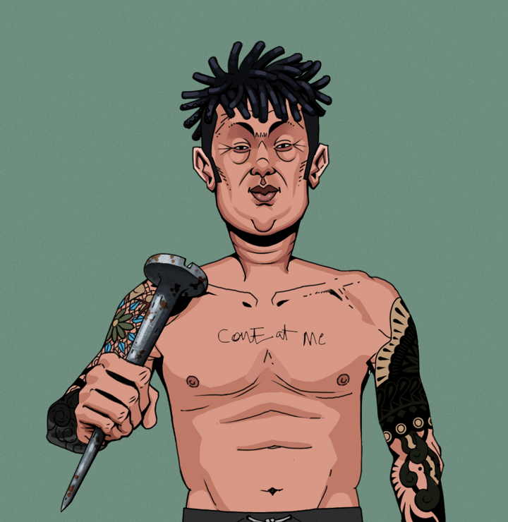 Fat Bob — Degen Dojo NFT art (Shirtless Runt, Olive Green, Degens, Black Yakuza Sleeves, Fat Bob, Black Bantu Knots, Rusty Nail, Mint)