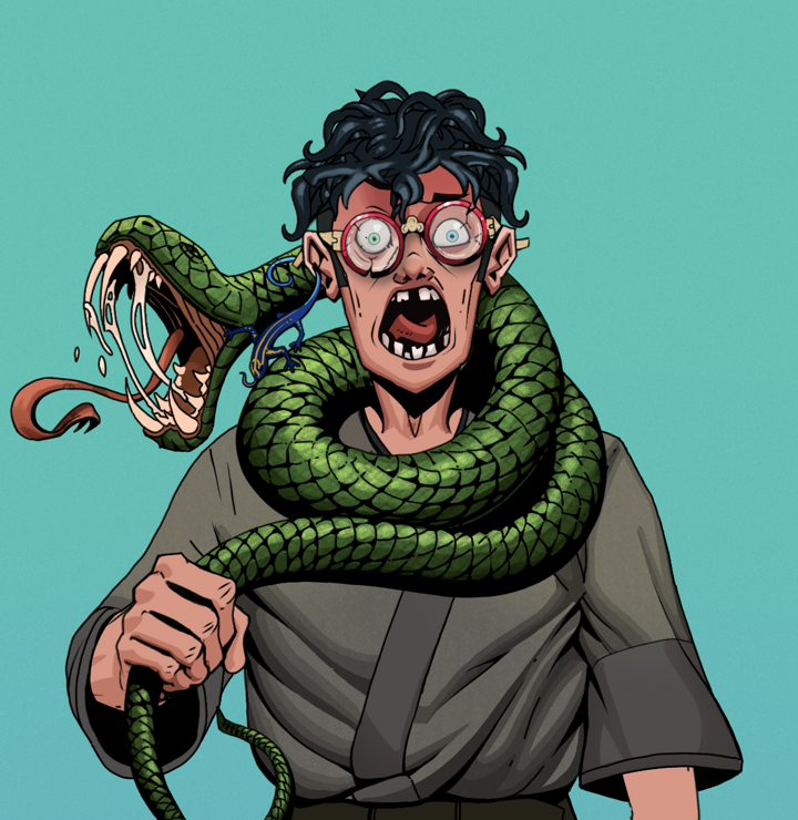Tokuda — Degen Dojo NFT art (Lizard, Teal Daytime, Degens, Puppy Kimono, Tokuda, Broken Glasses, Messy, Enchanted Snake, Mint)