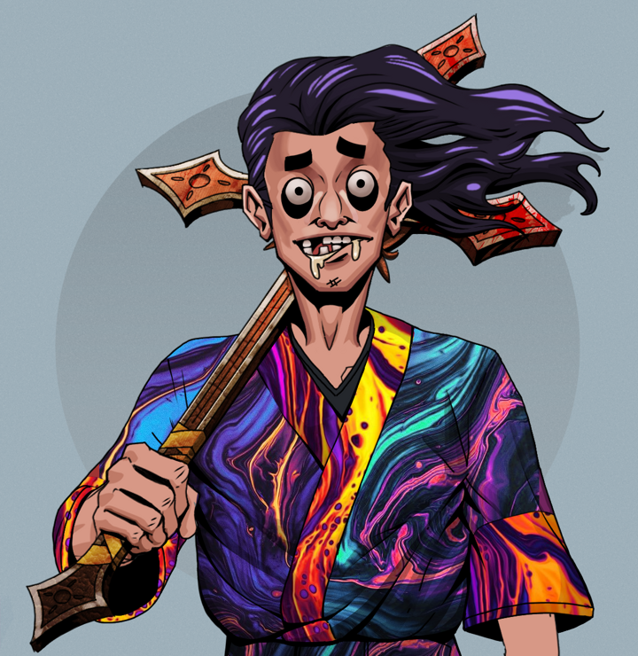 Drooling Azuma — Degen Dojo NFT art (Shirtless Runt, Grey Mist, Degens, Rainbow Kimono, Drooling Azuma, Flowing Battousai, Jesuit Bloody Cross, Mint)