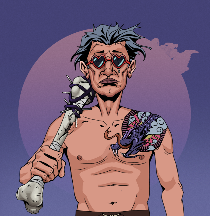 Teary Goro — Degen Dojo NFT art (Shirtless Runt, Purple Night, Degens, Dragon Head Tattoo, Teary Goro, Loveheart Shades, Wavy, Spiky Femur, Mint)