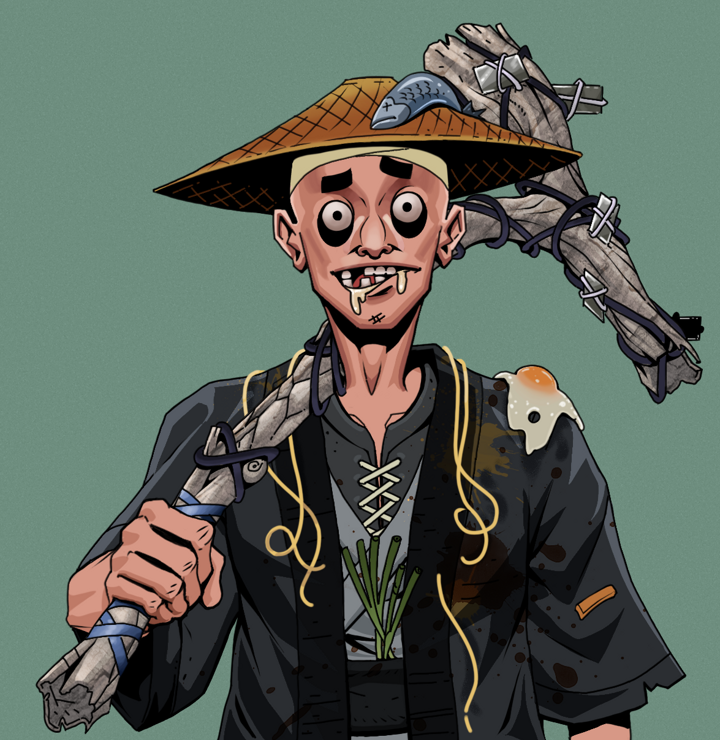 Drooling Azuma — Degen Dojo NFT art (Shirtless Runt, Olive Green, Degens, Glutton Fight, Drooling Azuma, Wide Kasa Fisherman, Large Branch, Mint)