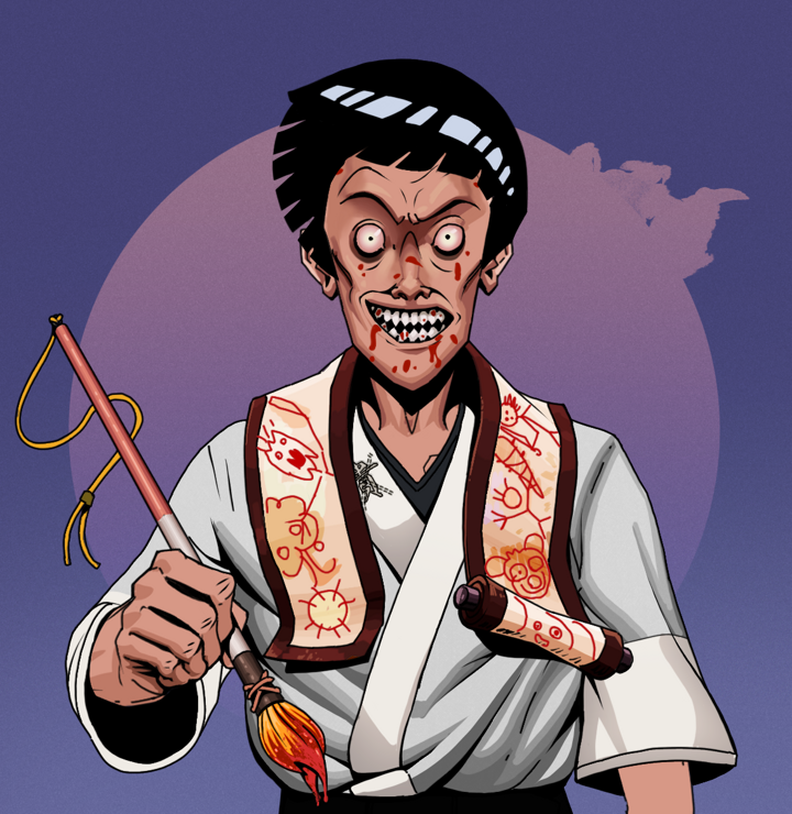 Assassin Fuzen — Degen Dojo NFT art (Shirtless Runt, Purple Night, Degens, No Honor Kimono, Assassin Fuzen, Rock Lee, Paintbrush, Mint)