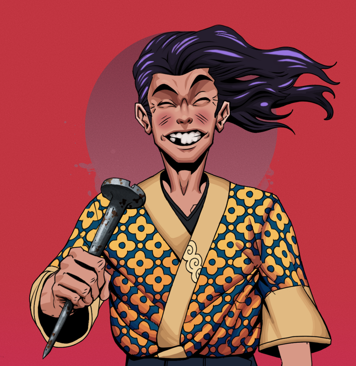Cheery Haru — Degen Dojo NFT art (Shirtless Runt, Red High Moon, Degens, Yellow Flowers Silk Kimono, Cheery Haru, Flowing Battousai, Rusty Nail, Mint)