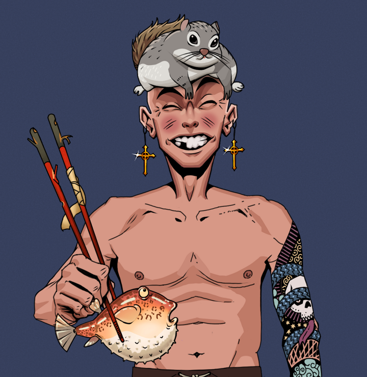 Cheery Haru — Degen Dojo NFT art (Golden Jesuit Crosses, Blue Evening, Degens, Skull Sleeve, Cheery Haru, Shirtless Runt, Mr. Momonga Hat, Frightened Fugu, Mint)