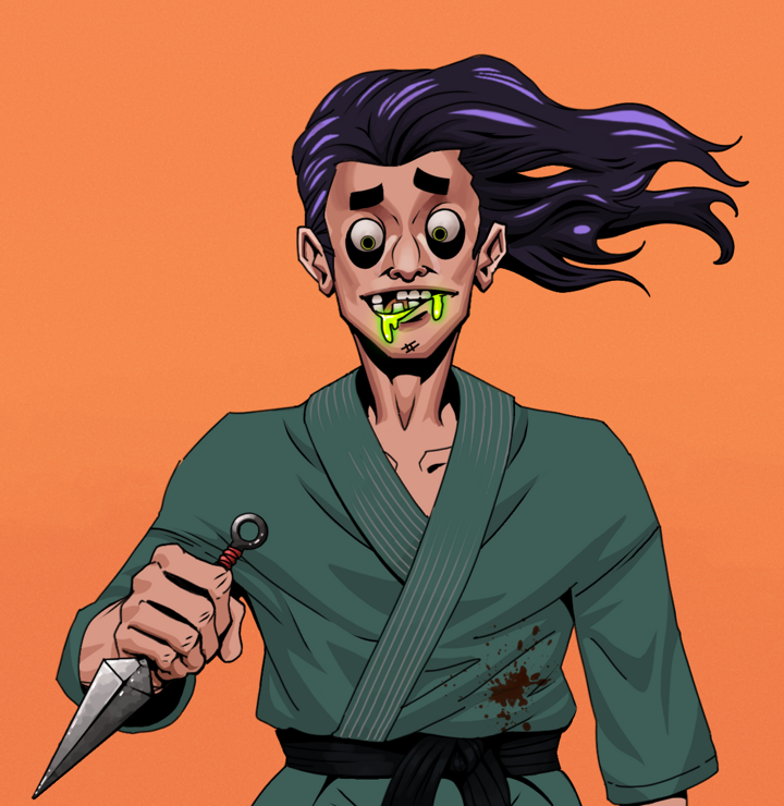 Toxic Azuma — Degen Dojo NFT art (Shirtless Runt, Orange Afternoon, Degens, Fight Gi, Toxic Azuma, Flowing Battousai, Kunai, Mint)