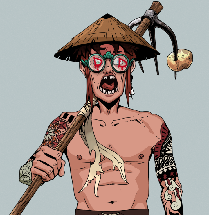 Tokuda — Degen Dojo NFT art (Foes Teeth, Light Grey, Degens, Yakuza Tattoo Sleeves, Tokuda, Dojo Graffiti, Rice Hat, Farmers Hoe, Mint)