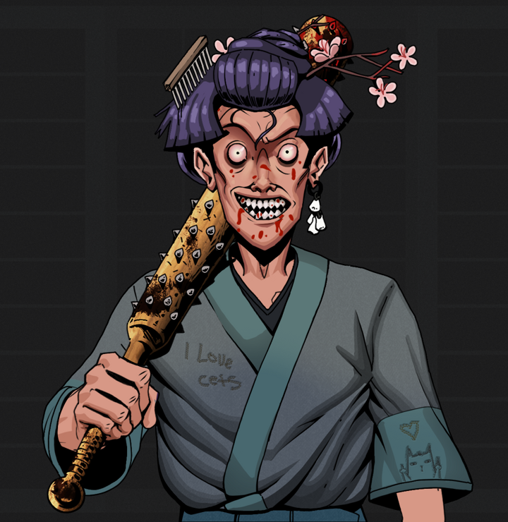 Assassin Fuzen — Degen Dojo NFT art (Foes Teeth, Shoji Night, Degens, Cet Kimono, Assassin Fuzen, Shirtless Runt, Disheveled Geisha, Yakuza Club, Mint)