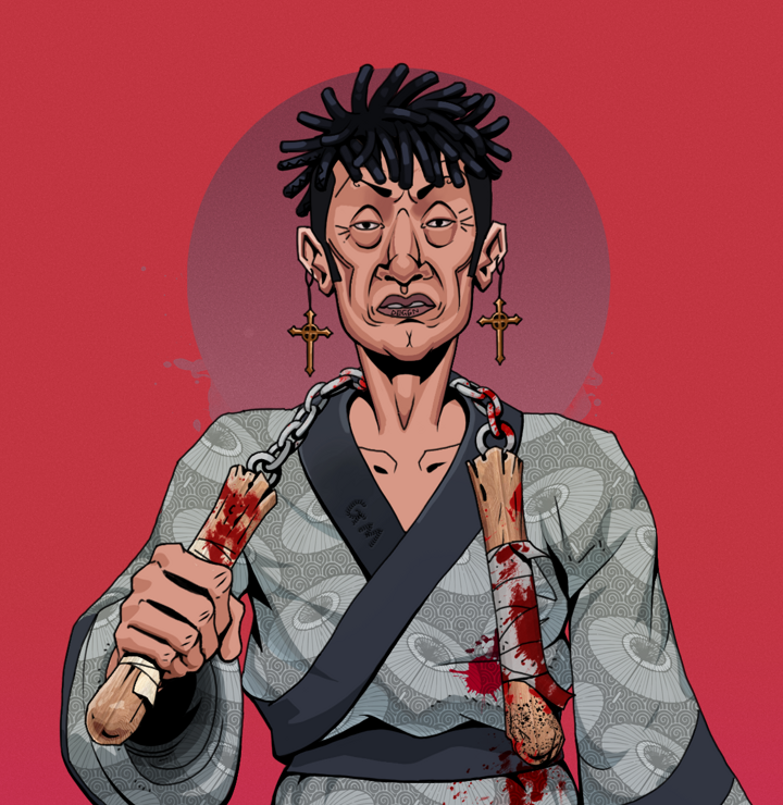 Goro — Degen Dojo NFT art (Jesuit Crosses, Red High Moon, Degens, Loose Parasol Kimono, Goro, Shirtless Runt, Black Bantu Knots, Bloody Nunchucks, Mint)