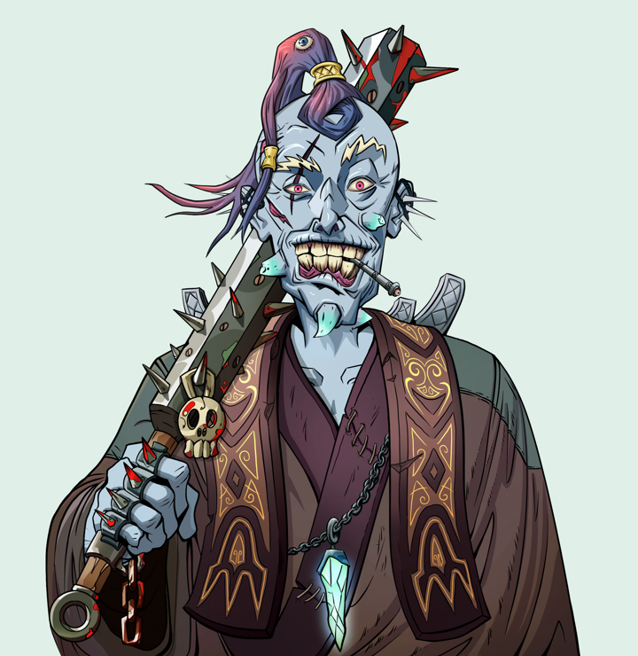 One-Eyed Itsuki — Degen Dojo NFT art (Nails, Teal Daytime, Demons, Ordained Dejen, One-Eyed Itsuki, Shirtless Runt, Dejen Samurai, Yakuza Club, Mint)