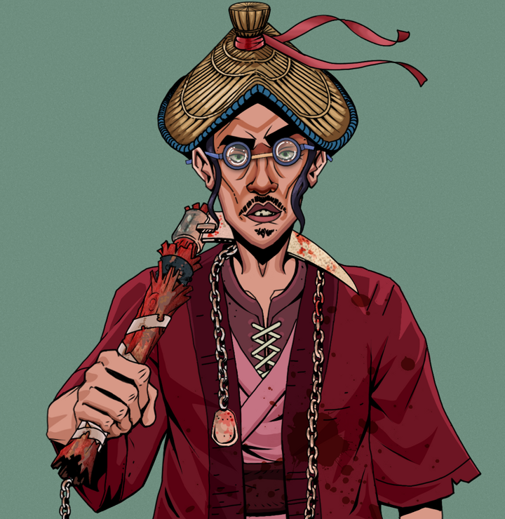 Gloomy Masumi — Degen Dojo NFT art (Shirtless Runt, Olive Green, Degens, Red Warrior Kimono, Gloomy Masumi, Spectacles, High Straw Rice Hat, Rusty Kusarigama, Mint)