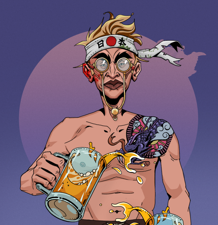 Young Yuji — Degen Dojo NFT art (Shirtless Runt, Purple Night, Degens, Dragon Head Tattoo, Young Yuji, Pompous Glasses, Karate Headband, Beer Splash, Mint)