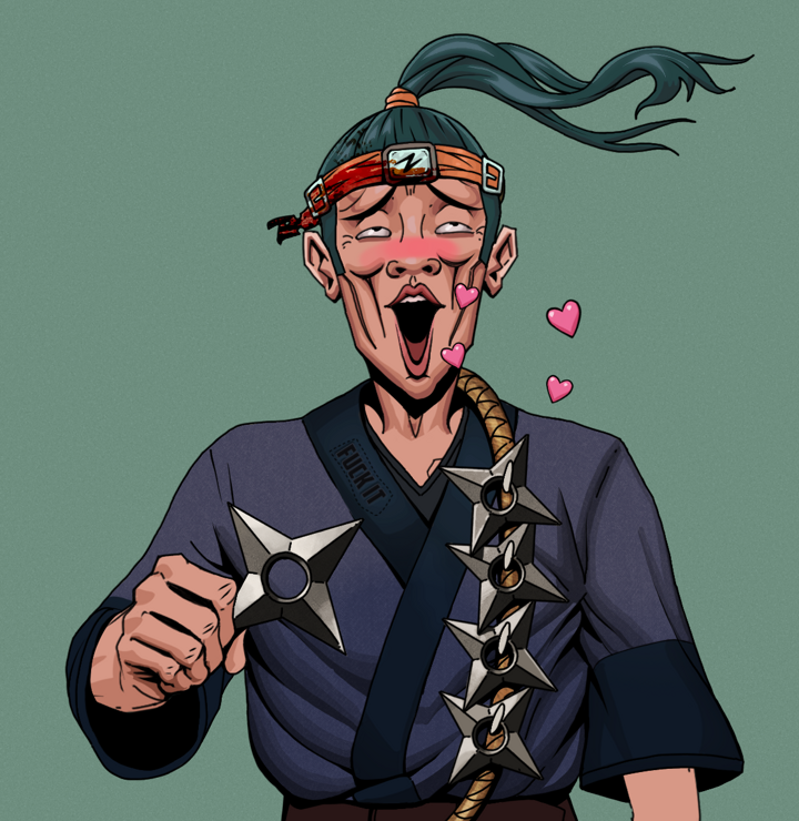 Lovey Haruto — Degen Dojo NFT art (Shirtless Runt, Olive Green, Degens, Fuck You Kimono, Lovey Haruto, Green Bandana, Shuriken Belt, Mint)