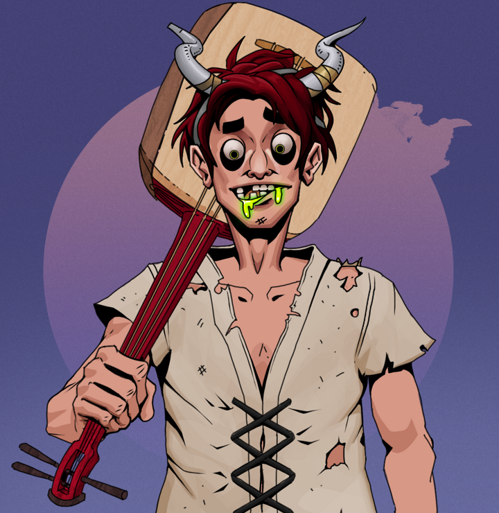 Toxic Azuma — Degen Dojo NFT art (Shirtless Runt, Purple Night, Degens, Rice Sack Rags, Toxic Azuma, Grey Oni Horns, Shamisen, Mint)