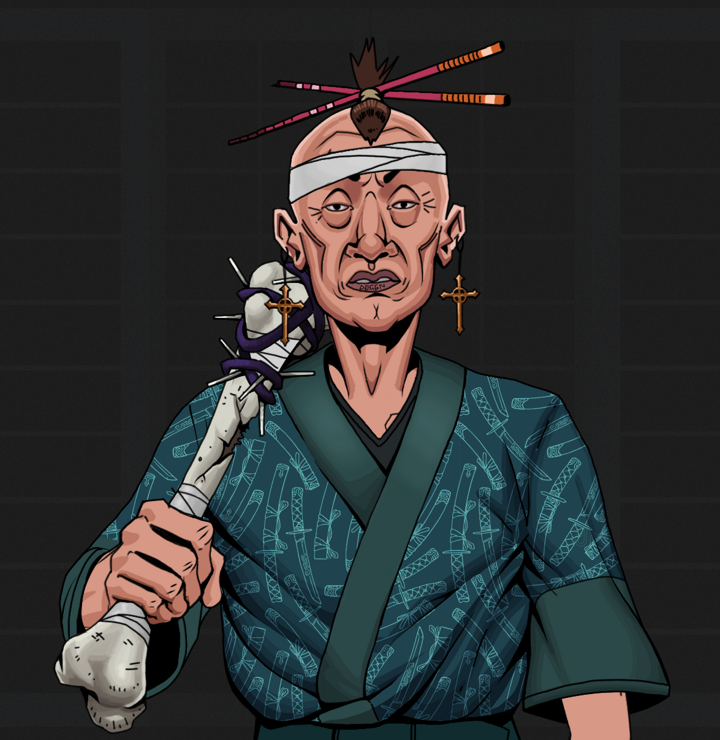 Goro — Degen Dojo NFT art (Jesuit Crosses, Shoji Night, Degens, Katanajamas Kimono, Goro, Shirtless Runt, Hair Bun With Chopsticks, Spiky Femur, Mint)