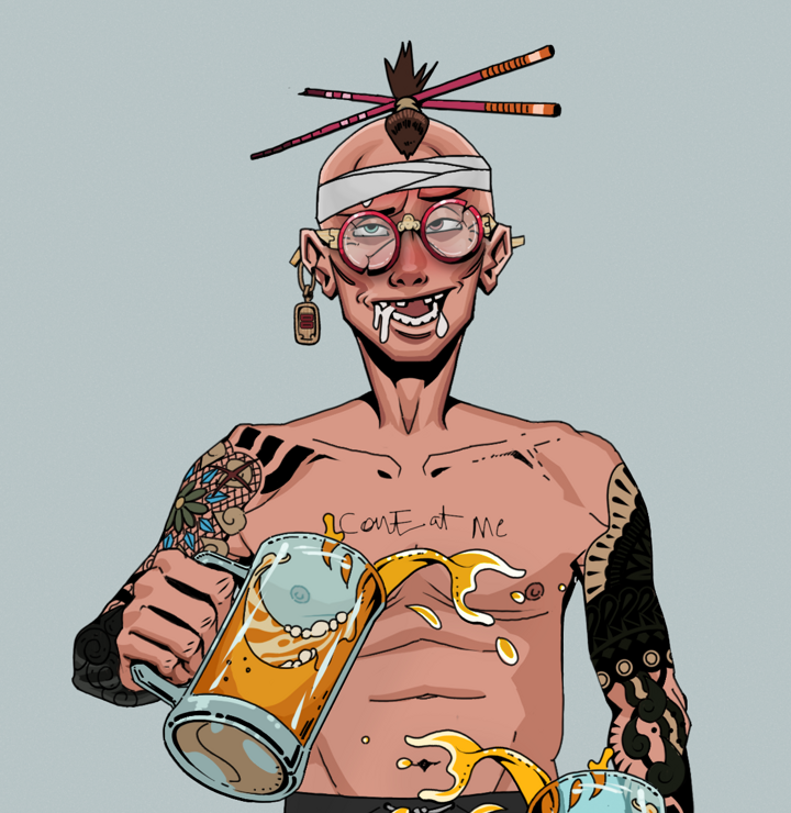 Yuuki — Degen Dojo NFT art (Dojo Paper Earring, Light Grey, Degens, Black Yakuza Sleeves, Yuuki, Broken Glasses, Hair Bun With Chopsticks, Beer Splash, Mint)
