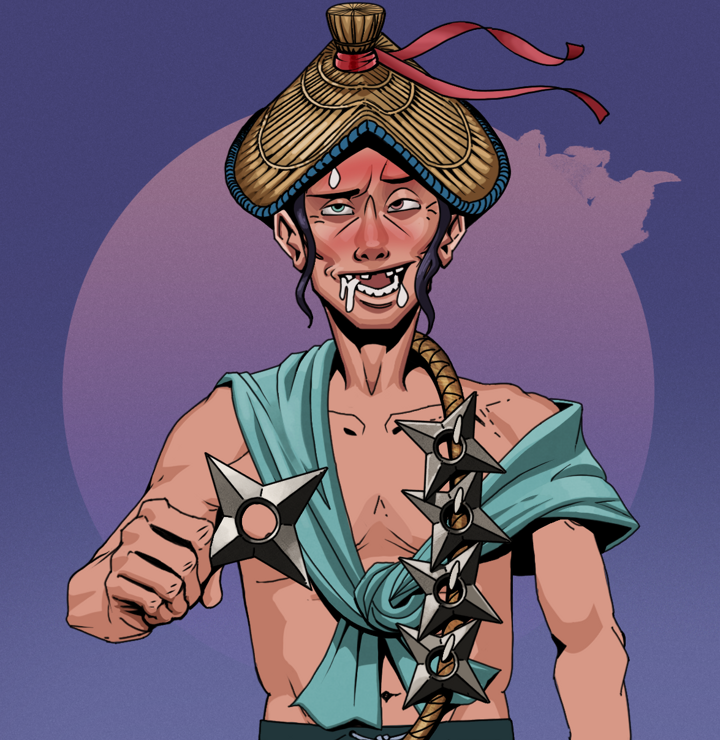 Yuuki — Degen Dojo NFT art (Shirtless Runt, Purple Night, Degens, Queeny Chic, Yuuki, High Straw Rice Hat, Shuriken Belt, Mint)