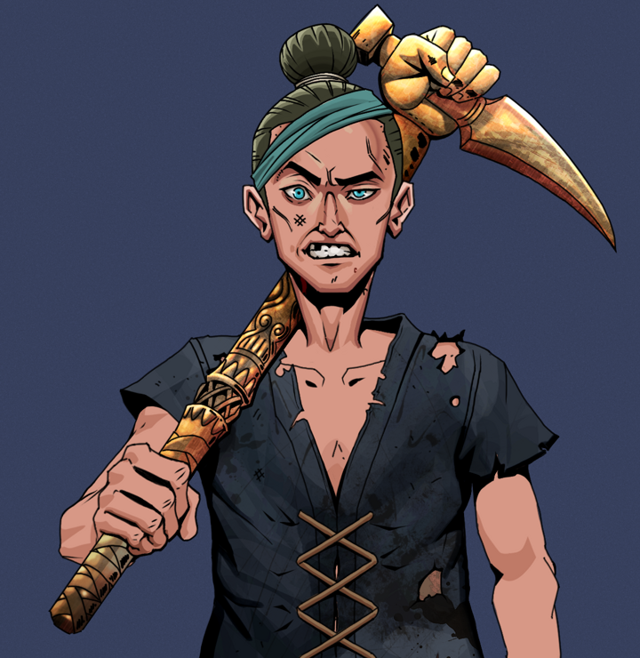 Akuma — Degen Dojo NFT art (Shirtless Runt, Blue Evening, Degens, Black Peasant Sack, Akuma, Hair Bun, Bronze Fisted Sickle, Mint)