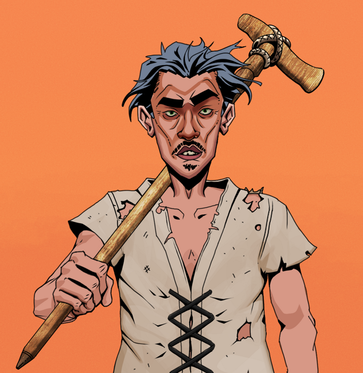 Gloomy Masumi — Degen Dojo NFT art (Shirtless Runt, Orange Afternoon, Degens, Rice Sack Rags, Gloomy Masumi, Wavy, Wooden Walking Cane, Mint)