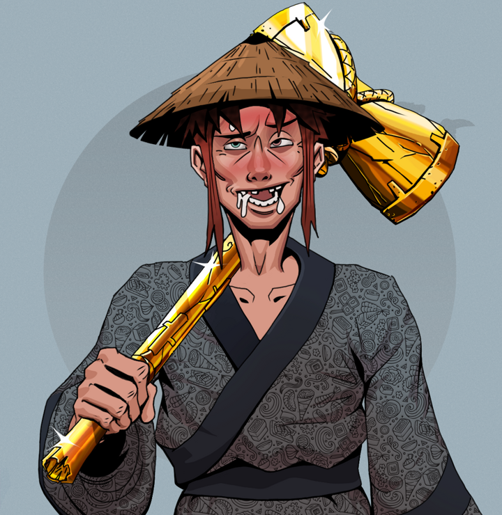 Yuuki — Degen Dojo NFT art (Shirtless Runt, Grey Mist, Degens, Sushi Love Loose Kimono, Yuuki, Rice Hat, Golden Warhammer, Mint)