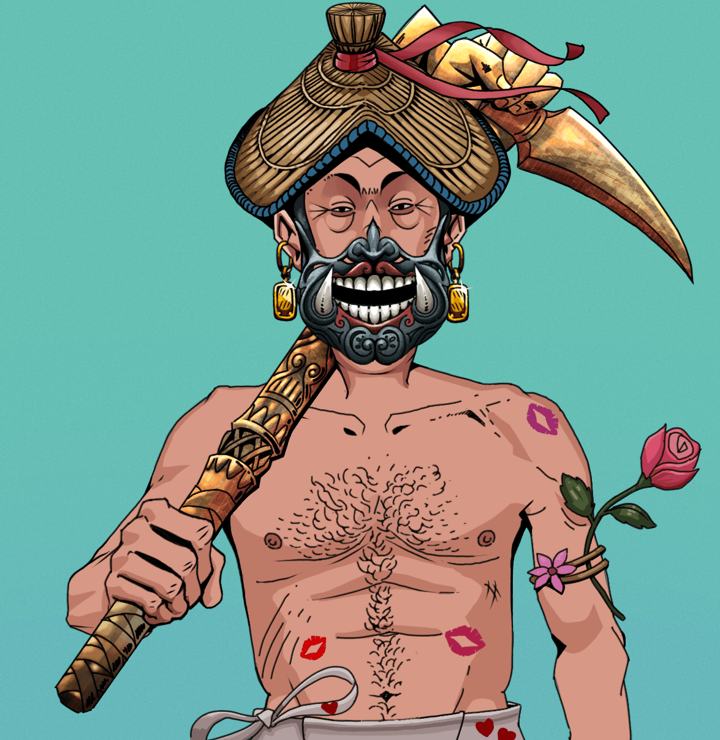Fat Bob — Degen Dojo NFT art (Gold Earrings, Teal Daytime, Degens, Womanizer, Fat Bob, Hannya Half Mask, High Straw Rice Hat, Bronze Fisted Sickle, Mint)