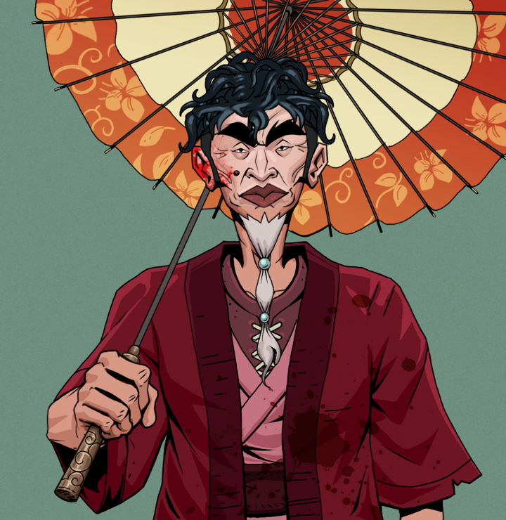 Yuji The Wise — Degen Dojo NFT art (Shirtless Runt, Olive Green, Degens, Red Warrior Kimono, Yuji The Wise, Messy, Floral Parasol, Mint)