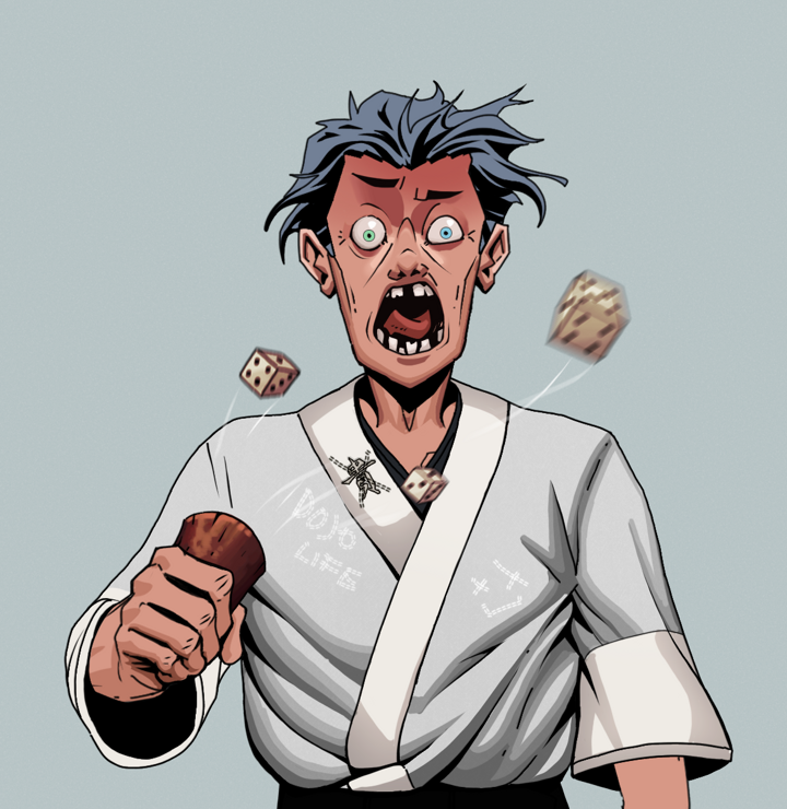 Tokuda — Degen Dojo NFT art (Shirtless Runt, Light Grey, Degens, No Honor Kimono, Tokuda, Wavy, Chō-Han Gambling Dice, Mint)