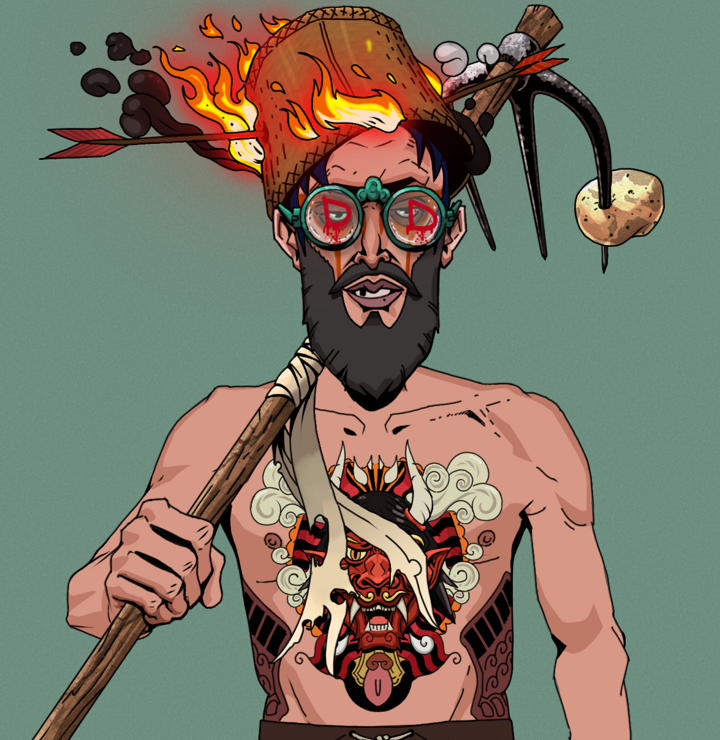 Oleg Of War — Degen Dojo NFT art (Shirtless Runt, Olive Green, Degens, Red Oni Tattoo, Oleg Of War, Dojo Graffiti, Burning Basket, Farmers Hoe, Mint)