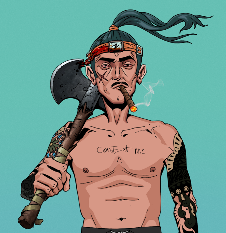 Raikou The Stoner — Degen Dojo NFT art (Shirtless Runt, Teal Daytime, Degens, Black Yakuza Sleeves, Raikou The Stoner, Green Bandana, Axe, Mint)
