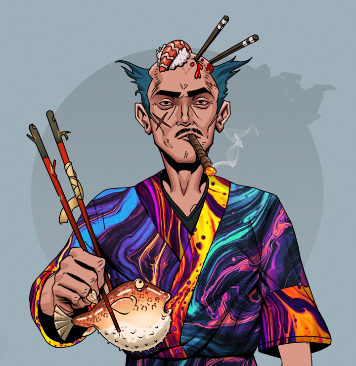 Raikou The Stoner — Degen Dojo NFT art (Shirtless Runt, Grey Mist, Degens, Rainbow Kimono, Raikou The Stoner, Sushi Fight, Frightened Fugu, Mint)
