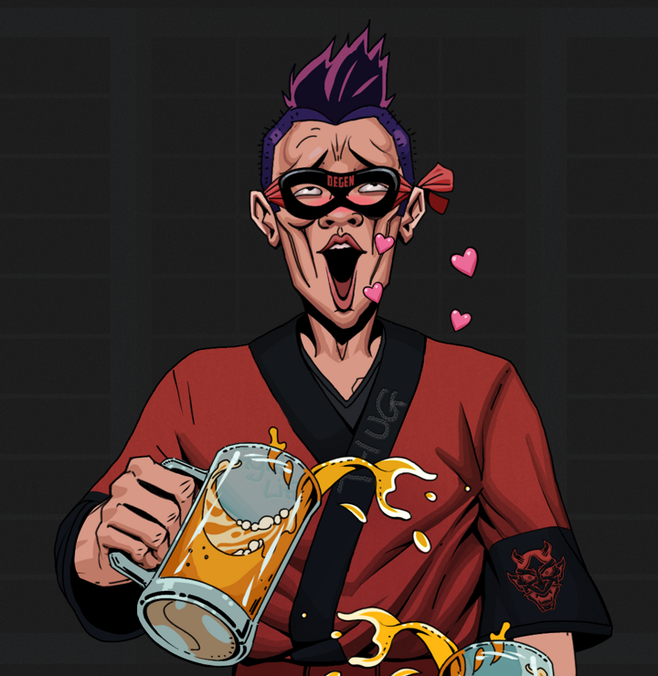 Lovey Haruto — Degen Dojo NFT art (Shirtless Runt, Shoji Night, Degens, Red Oni Kimono, Lovey Haruto, Degen Superhero, Yakuza Hooligan, Beer Splash, Mint)