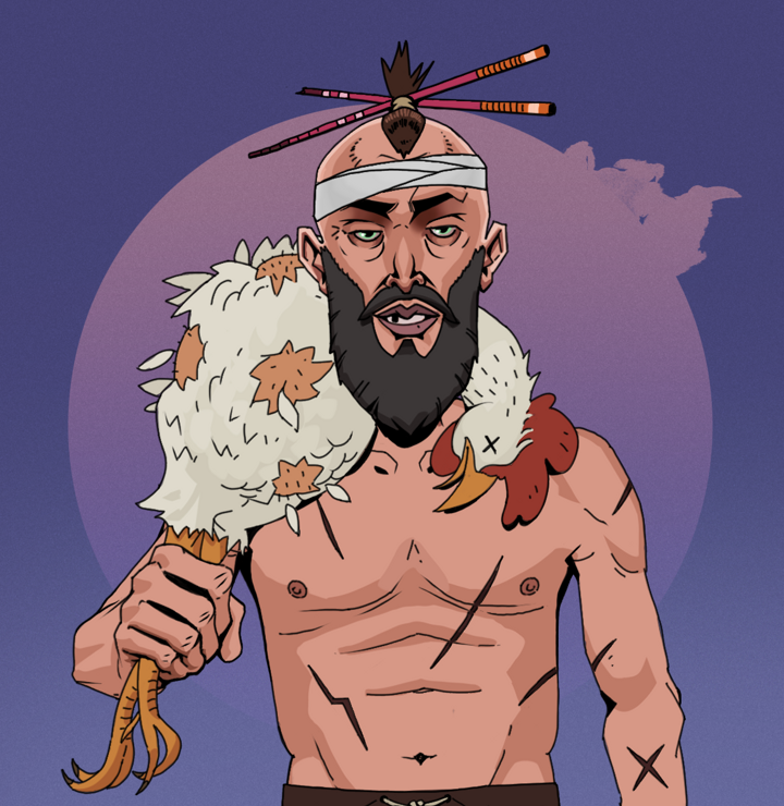 Serious Oleg — Degen Dojo NFT art (Shirtless Runt, Purple Night, Degens, Battle Scars, Serious Oleg, Hair Bun With Chopsticks, Chicken, Mint)