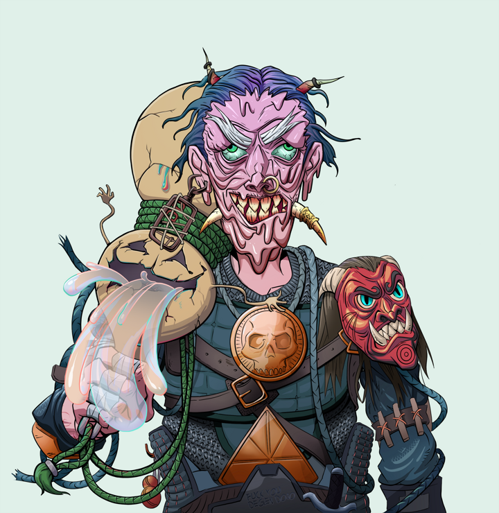 Assassin Fuzen — Degen Dojo NFT art (Dojo Paper Earring, Teal Daytime, Demons, Tatami Tosei Gusoku, Assassin Fuzen, Shirtless Runt, Wavy, Giant Sake Bottle, Mint)