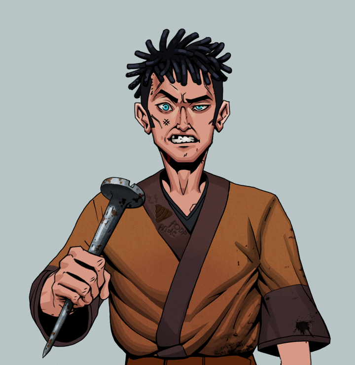 Akuma — Degen Dojo NFT art (Shirtless Runt, Light Grey, Degens, Poop Pride Kimono, Akuma, Black Bantu Knots, Rusty Nail, Mint)