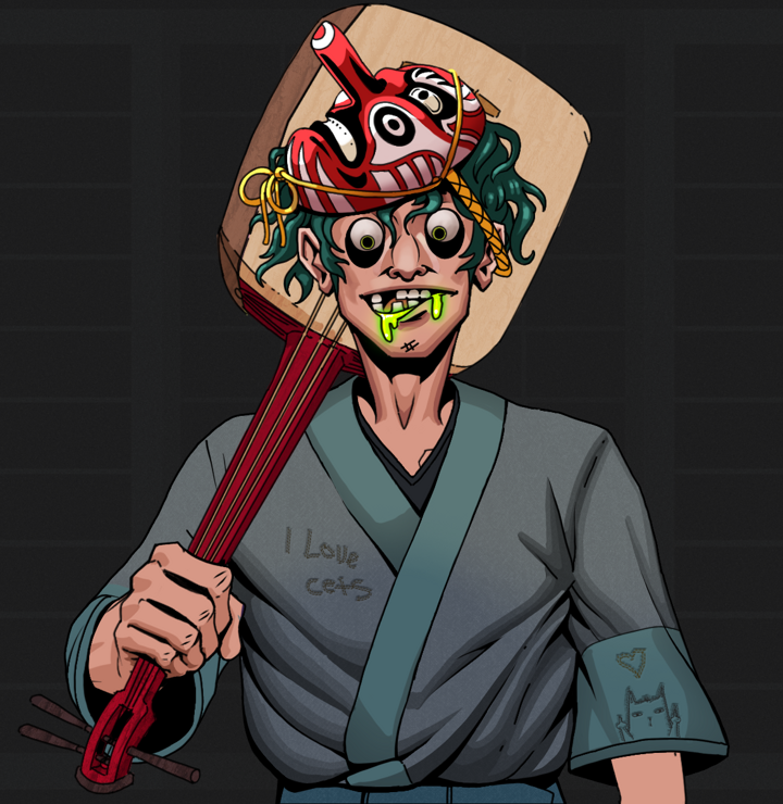 Toxic Azuma — Degen Dojo NFT art (Shirtless Runt, Shoji Night, Degens, Cet Kimono, Toxic Azuma, Tengu Mask, Shamisen, Mint)