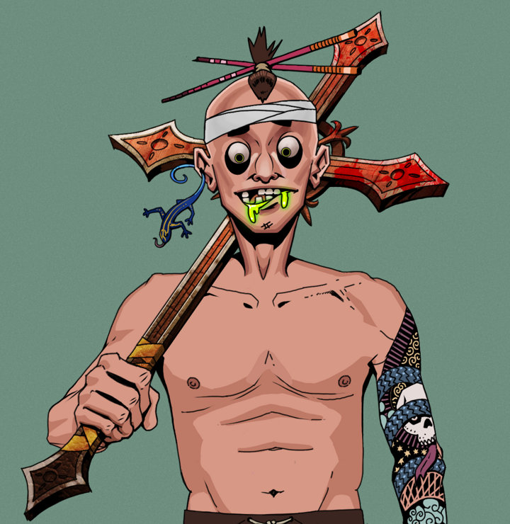 Toxic Azuma — Degen Dojo NFT art (Lizard, Olive Green, Degens, Skull Sleeve, Toxic Azuma, Shirtless Runt, Hair Bun With Chopsticks, Jesuit Bloody Cross, Mint)
