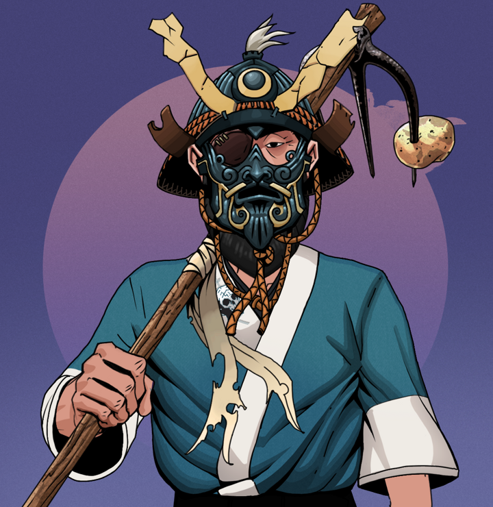 Igor The Veteran — Degen Dojo NFT art (Shirtless Runt, Purple Night, Degens, Skull Kimono, Igor The Veteran, Tatami Kabuto, Farmers Hoe, Mint)